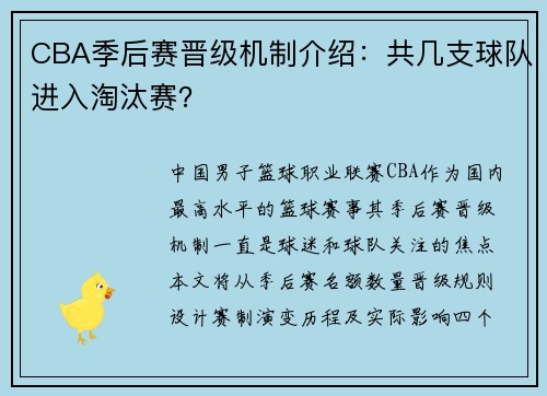 CBA季后赛晋级机制介绍：共几支球队进入淘汰赛？